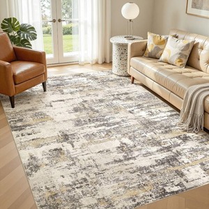 lot 4075 image: Area Rugs for Living Room 5x7 Abstract Washable Rug Modern Neutral Large Soft Stain Resistant Non-Slip Backing Machine Table for Bedroom Dining Room Indoor Home Office Carpet - Gold Brown