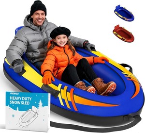 lot 4080 image: 2 Person Inflatable Snow Sled with Premium Canvas Cover, Snow Tubes for Sledding Heavy Duty with Backrest and Handles for Adults, Winter Outdoor Toys Gifts for Boys Girls Family