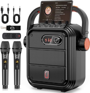 lot 4082 image: Karaoke Machine with 2 Wireless Microphones, 5200mAh Portable Speaker Set Bluetooth 5.0 Rechargeable PA System with TWS,FM, REC,Stage Subwoofer Supports BTUSBTF CardAux for Party