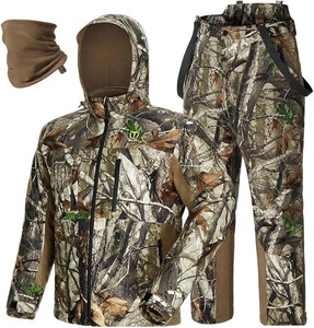lot 4081 image: Hunting Clothes for Men with Face Mask, Silent Waterproof Hunting Jacket and Adjustable Bibs, Safety Strap Compatible Size Medium
