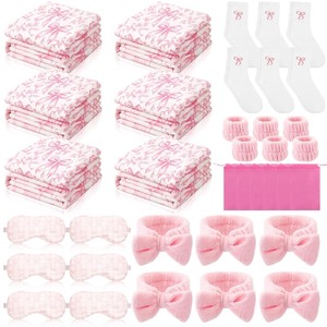 lot 4083 image: Honeydak 36 Pcs 6 Sets Sleepover Party Supplies Throw Blankets Fuzzy Socks Bow Eye Masks Headbands Wristbands with Bags for Slumber Spa Party Favors Girls Women Coquette Gifts