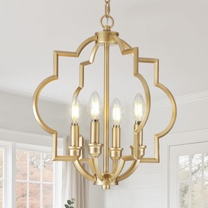 lot 4088 image: 4-Light Small Gold Chandelier, 15.6 inch Farmhouse Light Fixtures for Dining Room, Champagne Gold Pendant Light for Entryway Foyer Kitchen Island
