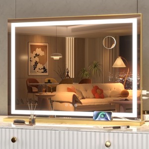 lot 4090 image: Vanity Mirror with Lights, 23 x 18 LED Makeup Mirror, Lighted Makeup Mirror with Dimmable 3 Modes, Touch Screen Control Vanity Mirror Square Gold