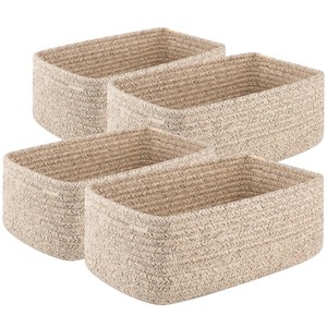 lot 4098 image: 4 Pack Small Storage Shelf Baskets for Organizing, Mini Woven Rope Storage Bins for Towels, Cute Decorative Closet OrganizerBaby Nursery, Gift Empty Baskets -11.81Lx7.87Wx4.72H-Brown