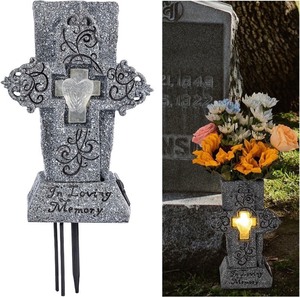 lot 2750 image: Solar Cemetery Vase with LED for FreshArtificial Flowers Grave Flower Cross Vase Headstones Vases with Spikes Gravestone Decor Memorial Gifts for Loss of Loved One