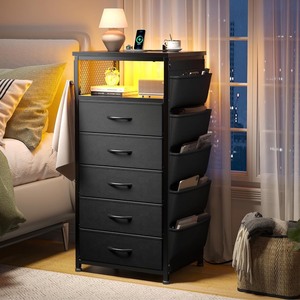 lot 2761 image: Night Stand with 5 Drawers, Black Dresser with Charging Station and LED Light, Tall Nightstand with Extra Side Bag & Hooks, Bedroom, Closet, Hallway, Entryway, Black