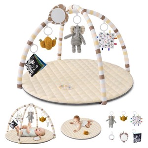 lot 2778 image: Blissful Diary Baby Play Gym Mat, Tummy Time Activity Mat with 6 Detachable Toys for Stage-Based Sensory & Motor Skill Development, Easy to Install & Clean, Baby Essentials Gift, Sandy Beige