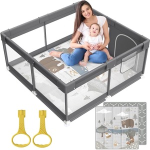 lot 2789 image: Baby Playpen with Mat, Small Play Pen(47x47inch), for Babies and Toddlers, Pen Apartment, Yard Baby, Fence Area Playyard Activity Center (Dark Gray)