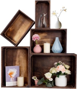 lot 4113 image: Wooden Crates for Display 5 Pack Large Rustic Nesting Wooden Basket with Handle, Farmhouse Wood Crate for Storage and Container, 5 Size Multipurpose Wood Basket for Fruits Vegetables Boxes