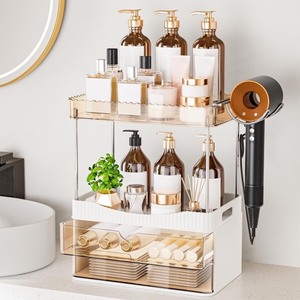 lot 4114 image: Bathroom Counter Organizer with Hairdryer Holder, 2-Tier 1-Drawer Shower Organizer for Skincare, Makeup Cosmetics, Large Capacity Vanity Organizer, Bathroom Decor, Valentines Day(Amber)