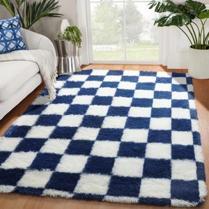lot 4124 image: Navy Blue and Cream White 4x6 Ft Fluffy Fuzzy Shag Checkered Area Rug for Living Room, Bedroom, Nursery, Toddler Room