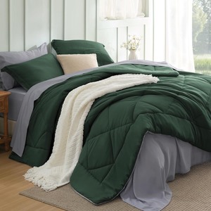 lot 4127 image: Bedsure Queen Comforter Set - 7 Pieces Reversible Forest Green Bedding, Queen Size Bed Set for All Seasons, Bed in a Bag with Down Alternative Comforter, Sheets, Pillowcases & Shams