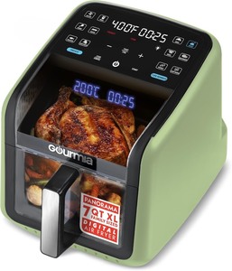 lot 4132 image:  Retail $199.99 Gourmia Air Fryer 7 QT - Easy View Panorama Window & Interior Light, Guided Cooking with 12 One-Touch Presets, FryForce 360, Dishwasher Safe Accessories, Green