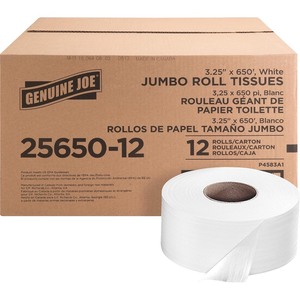 lot 4133 image: Genuine Joe Jumbo Roll Bath Tissue - 2-Ply White Toilet Paper, 3.3 x 650 per Roll, 12 Count Bulk Pack, Recycled Fiber