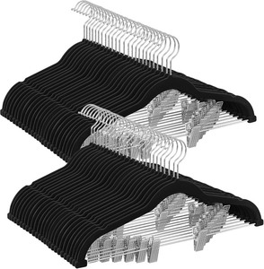 lot 4134 image: SONGMICS 50-Pack Pants Hangers, 16.7-Inch Long Velvet Hangers with Adjustable Clips, Heavy-Duty, Non-Slip Skirt Hangers, Space-Saving for Pants, Skirts, Coats, Dresses, Black UCRF012B50