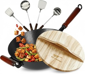 lot 4142 image: Pre-Seasoned Cast Iron Nonstick Stir-Fry Pan  Dual Handles Flat Bottom Wok with Wooden Lid & Wood Handle  Traditional Chinese Induction Wok (34cm)
