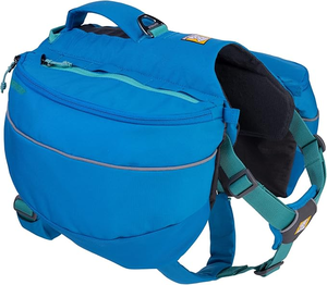 lot 3251 image:  $ 59.99 RETAIL PRICE  Ruffwear, Approach Pack Dog Backpack, WeightForward Saddlebags with Flopper Stoppers, 5Point Adjustable Fit, Padded Handle, Dual Leash Points, Reflective Trim, Blue Dusk, Medium