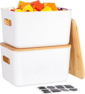 lot 3279 image: 2-Pack Storage Bins with Bamboo Lids 7QT Plastic Storage Containers Stackable Organizer Boxes with Handle for Desk Snacks, Toys, 10 L x 7 W x 5.8 H