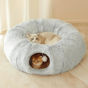 lot 3282 image: Tunnel Bed for Indoor Cats Peekaboo Cat Cave Donut with Washable Circle Cushion Interior Cat Play Tunnel (34 Inch, Grey)
