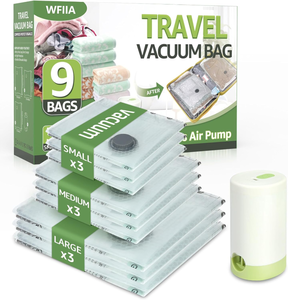 lot 3285 image: 9 Pack Vacuum Bags for Travel with Rechargeable Air Pump, 3 Sizes Vacuum Seal Bags for Clothing, Space-Saving Compression Storage Bags for Travel & Closet Organization