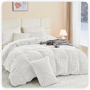 lot 3289 image: Fluffy Faux Fur Duvet Cover Set - Includes (1) King Size Duvet Cover & (2) Matching Pillow Cases in a White Striped Design & Reversible Comforter Cover
