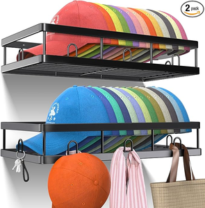 lot 3291 image: 2 Pack Metal Hat Rack for Wall, Holder with Multiple Hooks, Organizer for up to 30 Baseball Caps, Sturdy Wall Drilled Rack, Storage for DoorCloset, Black