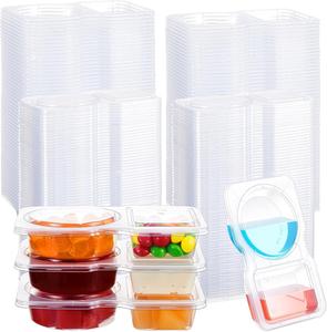 lot 3295 image: Blushtier 50 Pcs Pack Snack Containers with Lids, 5 oz Double Compartment Plastic Food Containers, Portable Divided Snack Cups for School, Office, Meal Prep, Sauces, Dips, On-the-go Camping (Clear)