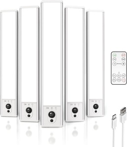 lot 2791 image: 5-Pack Under Cabinet Lighting, 2400mAh Motion Sensor Light, LED Closet Lights Wireless, 6500K Dimmable, Timer, Magnetic, with Remote Control for Kitchen, Closet, Stair