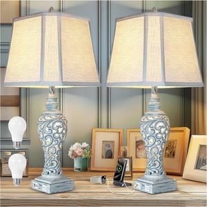 lot 2793 image:  Retail $129.99 Table Lamp Bedside Lamps Set of 2, 28.5 Luxsight Farmhouse Table Lamps for Bedroom, Lamps for Nightstands with Night Lights, with USB CA Ports, Rustic Lamp for Living Room, Bulb Included