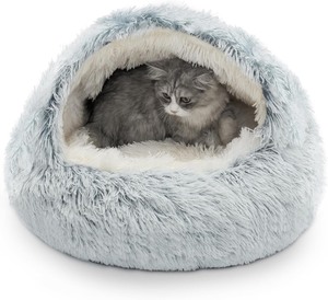 lot 2796 image: Cozy Plush Hooded Cat Bed, IndoorOutdoor, Self-Warming Cave, Removable Washable Non-Slip Bottom