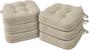 lot 2798 image: Shinnwa Dining Chair Cushions Set of 6, Dual-Layer Memory Foam Kitchen Chair Cushions, Patented Design Seat Pads with Ties, 16.5 x 16.5 x 3.5in, 6 Pack, Beige