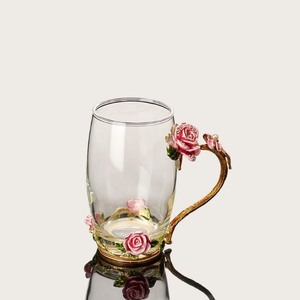 lot 2803 image: Fancy Tea Cups Glass Coffee Mugs,Glass Cups Mothers Day Gifts Rose Flower Enamel Design Birthday Wedding Gift(Tall,Pink)
