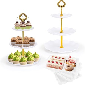 lot 2812 image: 6 Pcs Cupcake Stand Dessert Table Display Set 2 Pcs 3 Tier Plastic Cake Stand Holder 4 Pcs Dessert Serving Tray Cookie Platter Rack Tower for Tea Party Wedding Baby Shower (Round White Gold rods)