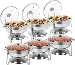 lot 2818 image:  Retail $199.99  4 Packs Round Chafing Dish Buffet Set, 4 QT Stainless Steel Chafing Dishes with Glass Lid & Lid Holder, Catering Food Warmers for Parties Buffet Weddings Events