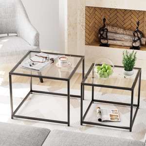 lot 2821 image: Garden 4 you Coffee Table Set of 2, Modern Glass Nesting Table, Metal Frame Square Center Table Set, Side Tables, Nesting Coffee Table for Living Room, Bedroom and Small Spaces, 23.6in Black