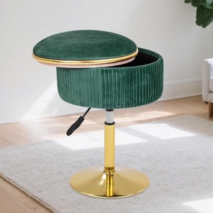 lot 2822 image: Adjustable Vanity Stool with Storage, 360° Swivel Makeup Stool Chair Small Velvet Round Ottoman with Gold Base for Bedroom, Green