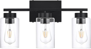 lot 2831 image: 3-Light Bathroom Vanity Light, Modern Black Wall Lights with Clear Glass Shades, Bathroom Wall Sconce Lamp for Mirror Living Room Bedroom Hallway