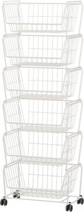 lot 2832 image: Stackable Metal Storage Carts, Dual Use Shelf for Kitchen Fruit Vegetable Baskets with Wheels, Storage Rack for Living Room, Home & Office, Standard White 6 Tiers