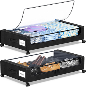 lot 3310 image: 2-Pack Under Bed Storage with Wheels, 2-Pack Under the Bed Storage Containers with Clear Lids & Label, Underbed Storage Bins, XXL 60L Rolling Metal Drawer for Clothes, Shoes, Toys, Books - Black