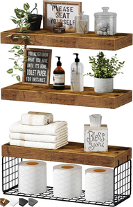 lot 3314 image: Bathroom Shelves Over Toilet - Wall Mounted Floating Shelves Toilet Paper Storage Small Farmhouse Decor Shelf 16 inch Set of 3, Rustic Brown (019-BN3)