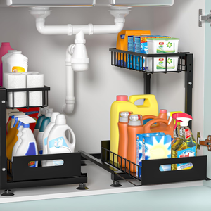 lot 3315 image: 2-Pack L-Shaped Under Sink Organizer, 2-Tier with Adjustable Height, Heavy Duty Construction (holds up to 50 lbs), Easy Installation & Rust-Proof Finish (Black)