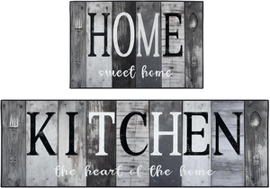 lot 3316 image: Farmhouse Black Gray Kitchen Rugs and Mats Non Skid Washable Set of 2, Vintage Wooden Board Floor Mats, Sweet Heart Home Runner Rug, Kitchen Decor