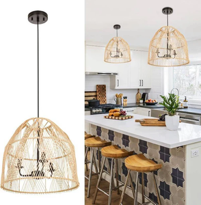 lot 3317 image: Hand-Woven Rattan Pendant Light - Boho Farmhouse Chandelier, 3-Light E12 Fixture, Natural Woven Ceiling Lamp