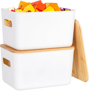 lot 3322 image: 2-Pack Storage Bins with Bamboo Lids 7QT Plastic Storage Containers Stackable Organizer Boxes with Handle for Desk Snacks, Toys, 10 L x 7 W x 5.8 H
