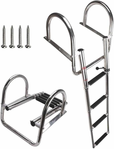 ** $87.00 RETAIL PRICE ** Pontoon Boat Ladder, Stainless Steel Folding Telescoping Rear Entry Inboard Ladder Heavy Duty Custom Swim Deck Ladder with More Wider Pedal and Handrails (4 Steps Ladder)