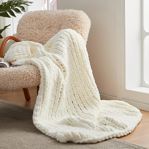 lot 3341 image: Amlie Home Chunky Knit Throw Blanket for Couch, Soft Chenille Handmade Crochet Throw Rope Knot Blanket for Couch, 50x60, Ivory