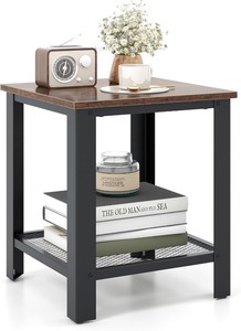 lot 2794 image: 2-Tier End Table, 16 Inch Small Side Table wMesh Storage Shelf, Industrial Telephone Table with Heavy-Duty Metal Frame, Square Sofa Table for Small Space Living Room, Rustic Brown