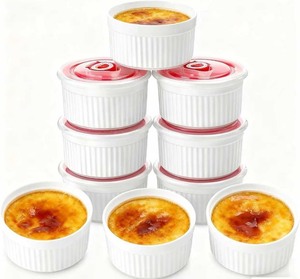 lot 2800 image: Ramekins with Lids Set of 4, 8 oz Porcelain Creme Brulee Souffle Ramekins with Covers, White Pudding Custard Cups Ramiken for Baking, Small Bowls for Sauces Dessert, Dishwasher and Oven Safe
