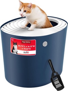 lot 2807 image: Cat Litter Box Large Top Entry with Lid Enclosed Covered Hooded Design Litter Catching Scatter Shield Pan Dog Proof Pet Proof  Odor Control for Indoor Cats Kittens, NavyWhite