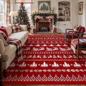 lot 2808 image: PureCozy 8x10 Christmas Area Rug Red Washable Living Room Carpet Xmas Elk Holiday Decor Indoor Bedroom Throw Snowflake Rug Decorative Non Slip Soft Low Pile Large Carpet Dining Room Office Nursery